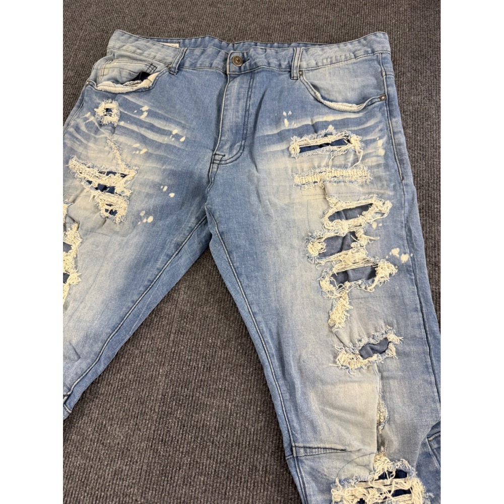 Smoke Rise Mens Distressed Moto Jeans Light Wash Paint Splatter 40x32 Streetwear - Picture 4 of 10
